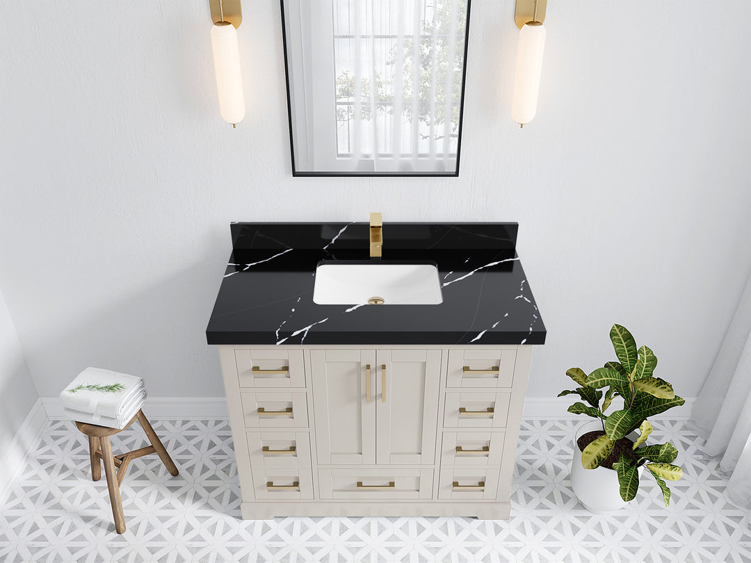 Boston 42 in. W x 22 in. D Single Sink Bathroom Vanity in Fine Grain with 2 in Calacatta Black Quartz Countertop - Top View