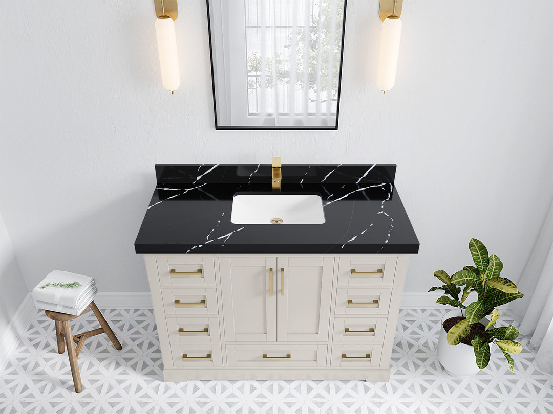 Boston 48 in. W x 22 in. D Single Sink Bathroom Vanity in Fine Grain with 2 in Calacatta Black Quartz Countertop - Top View