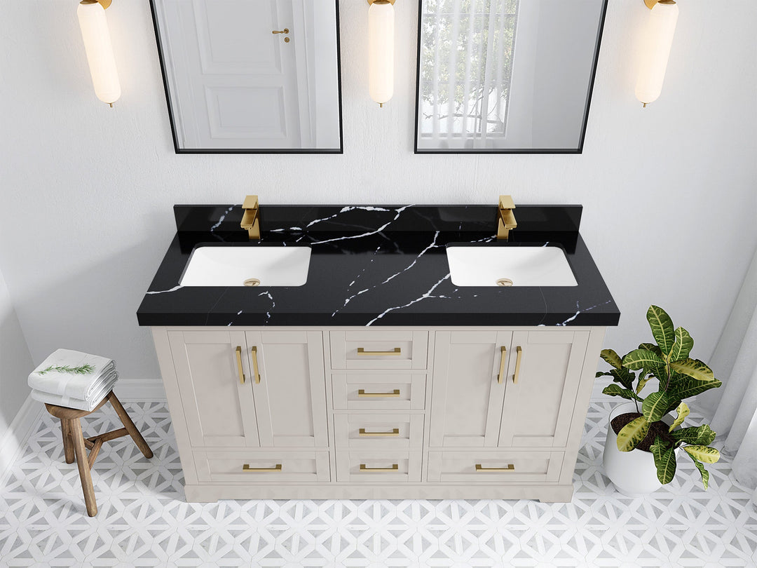 Boston 60 in. W x 22 in. D Double Sink Bathroom Vanity in Fine Grain with 2 in Calacatta Black Quartz Countertop - Top View