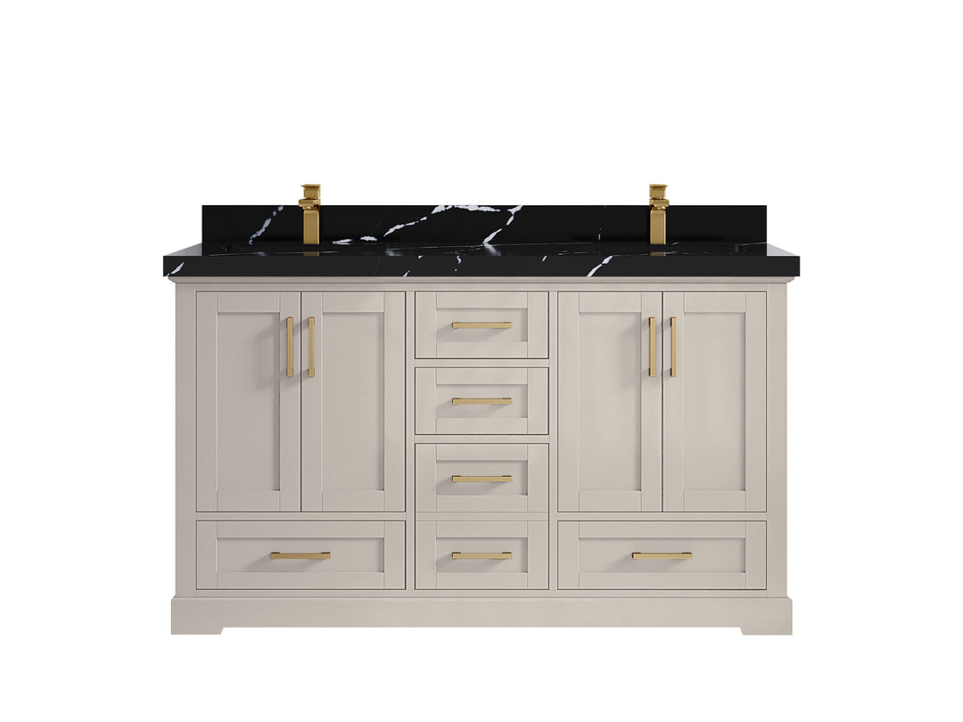 Boston 60 in. W x 22 in. D Double Sink Bathroom Vanity in Fine Grain with 2 in Calacatta Black Countertop