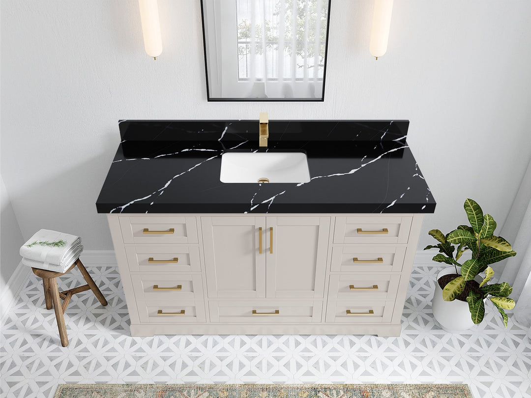 Boston 60 in. W x 22 in. D Single Sink Bathroom Vanity in Fine Grain with 2 in Calacatta Black Quartz Countertop - Top View