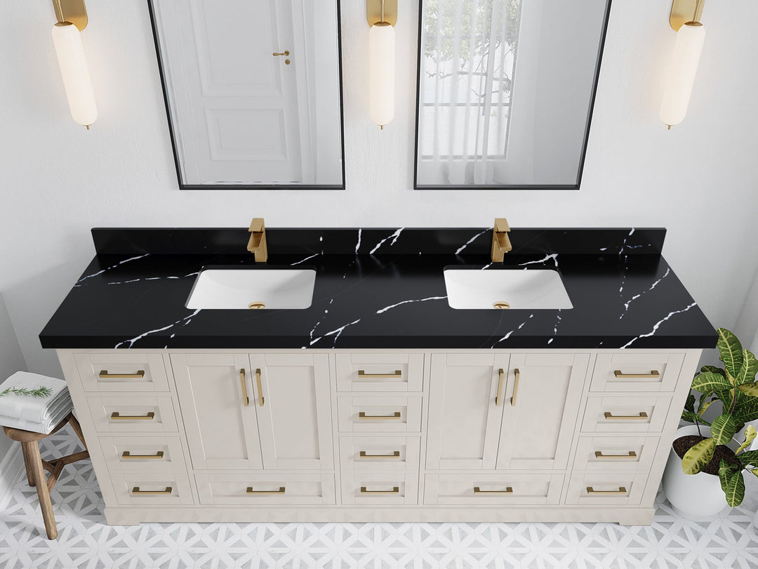 Boston 84 in. W x 22 in. D Double Sink Bathroom Vanity in Fine Grain with 2 in Calacatta Black Quartz Countertop - Top View