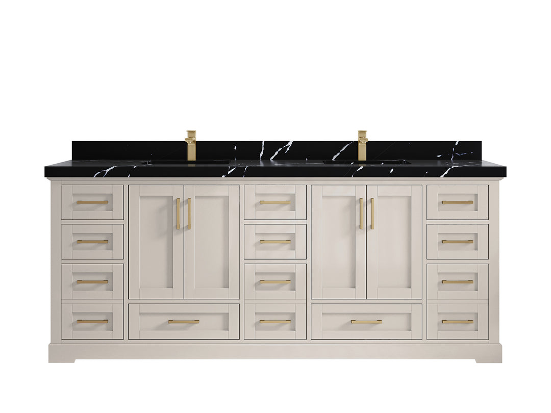 Boston 84 in. W x 22 in. D Double Sink Bathroom Vanity in Fine Grain with 2 in Calacatta Black Countertop