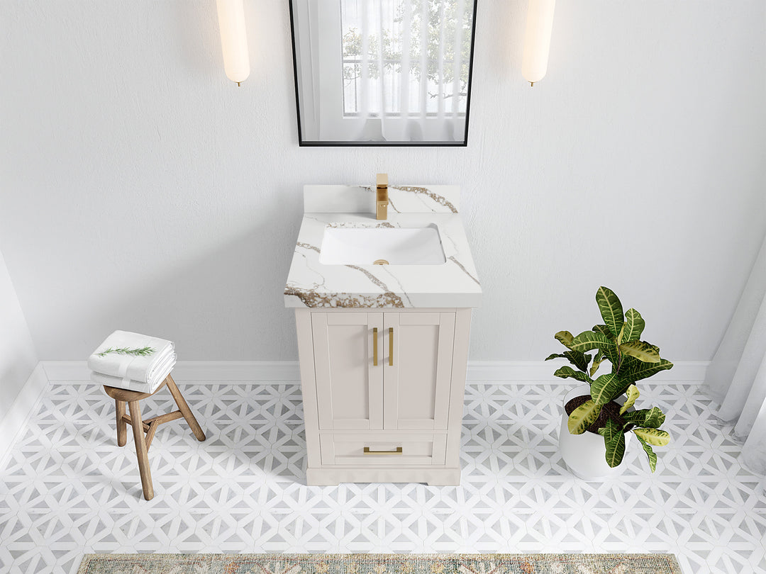 Boston 24 in. W x 22 in. D Single Sink Bathroom Vanity in Fine Grain with 2 in Calacatta Gold Quartz Countertop - Top View