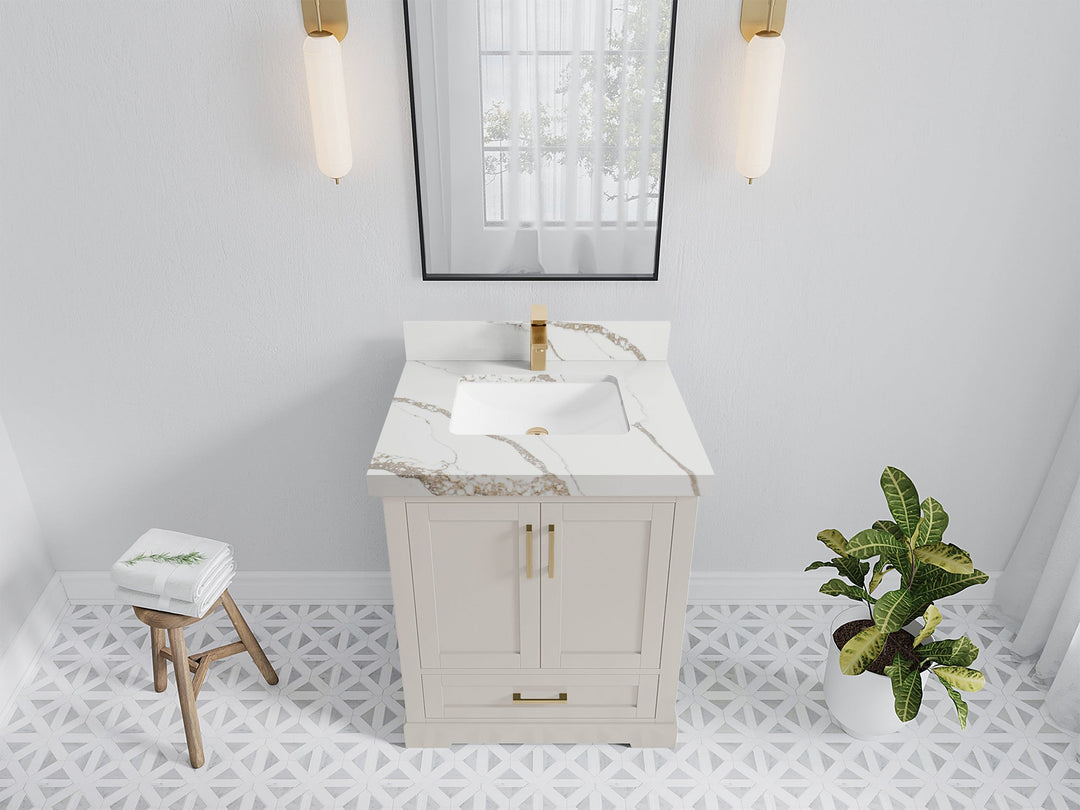 Boston 30 in. W x 22 in. D Single Sink Bathroom Vanity in Fine Grain with 2 in Calacatta Gold Quartz Countertop - Top View