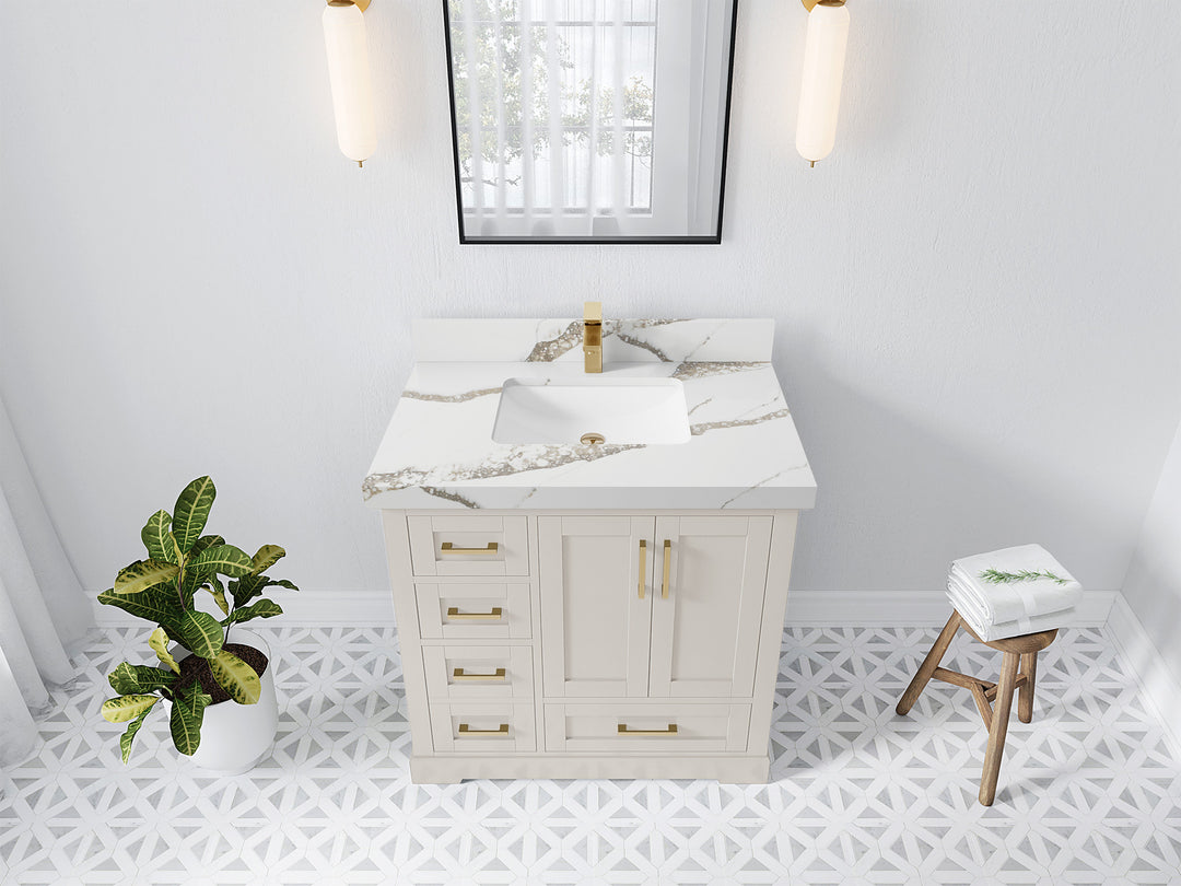 Boston 36 in. W x 22 in. D Single Sink Bathroom Vanity in Fine Grain with 2 in Calacatta Gold Quartz Countertop - Top View