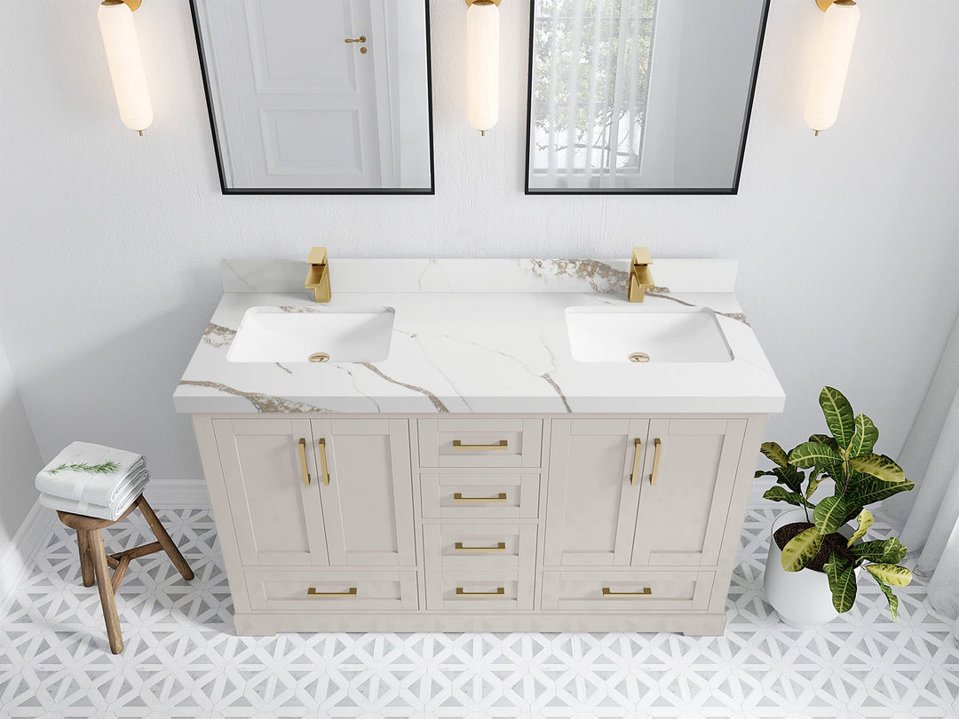 Boston 60 in. W x 22 in. D Double Sink Bathroom Vanity in Fine Grain with 2 in Calacatta Gold Quartz Countertop - Top View