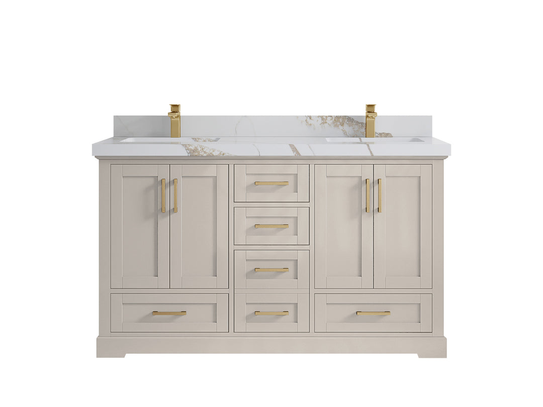 Boston 60 in. W x 22 in. D Double Sink Bathroom Vanity in Fine Grain with 2 in Calacatta Gold Countertop