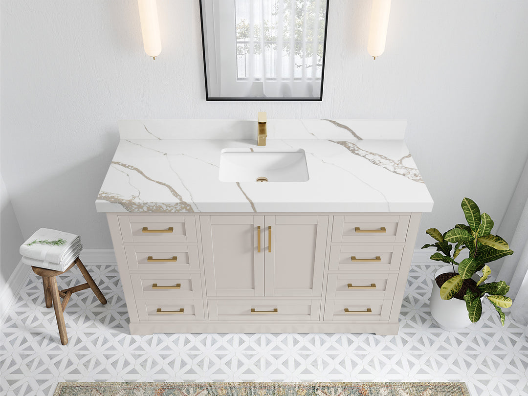 Boston 60 in. W x 22 in. D Single Sink Bathroom Vanity in Fine Grain with 2 in Calacatta Gold Quartz Countertop - Top View