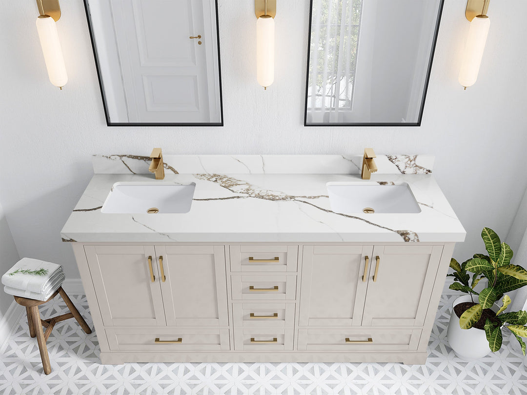 Boston 72 in. W x 22 in. D Double Sink Bathroom Vanity in Fine Grain with 2 in Calacatta Gold Quartz Countertop - Top View