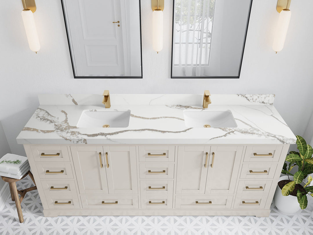 Boston 84 in. W x 22 in. D Double Sink Bathroom Vanity in Fine Grain with 2 in Calacatta Gold Quartz Countertop - Top View
