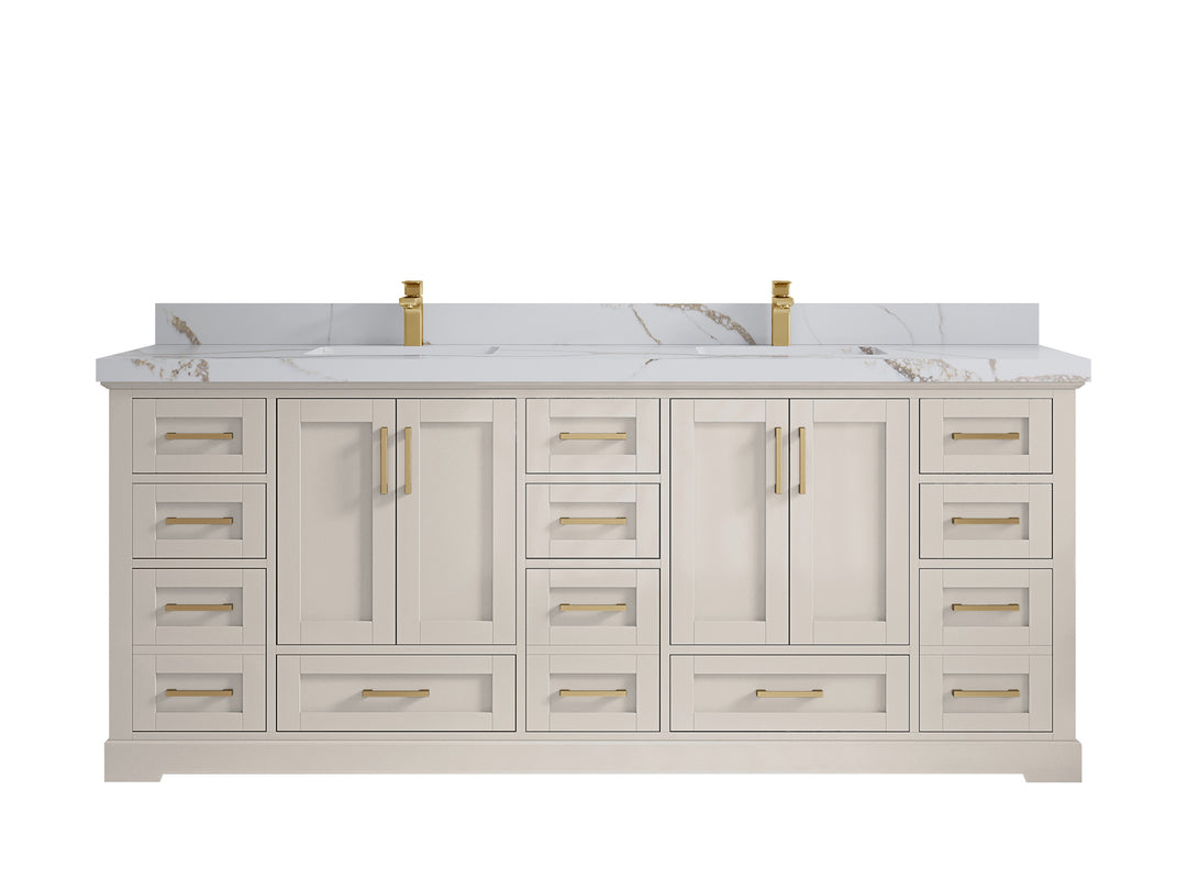 Boston 84 in. W x 22 in. D Double Sink Bathroom Vanity in Fine Grain with 2 in Calacatta Gold Countertop