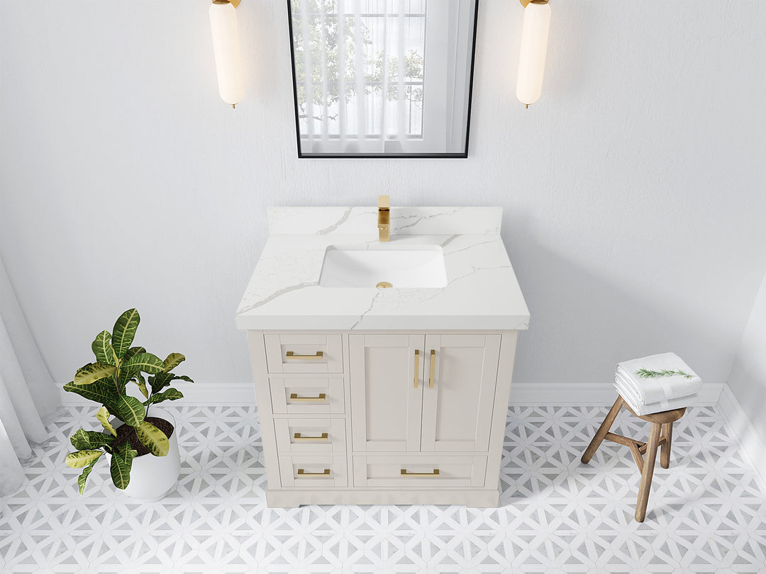 Boston 36 in. W x 22 in. D Single Sink Bathroom Vanity in Fine Grain with 2 in Calacatta Laza Quartz Countertop - Top View