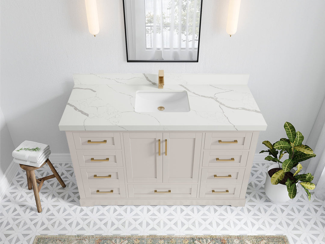 Boston 60 in. W x 22 in. D Single Sink Bathroom Vanity in Fine Grain with 2 in Calacatta Laza Quartz Countertop - Top View