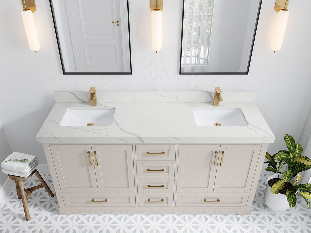 Boston 72 in. W x 22 in. D Double Sink Bathroom Vanity in Fine Grain with 2 in Calacatta Laza Quartz Countertop - Top View