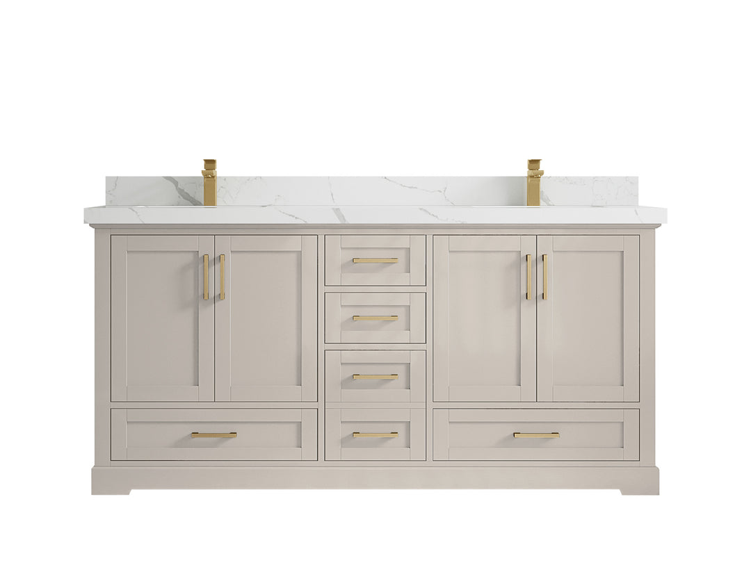 Boston 72 in. W x 22 in. D Double Sink Bathroom Vanity in Fine Grain with 2 in Calacatta Laza Countertop