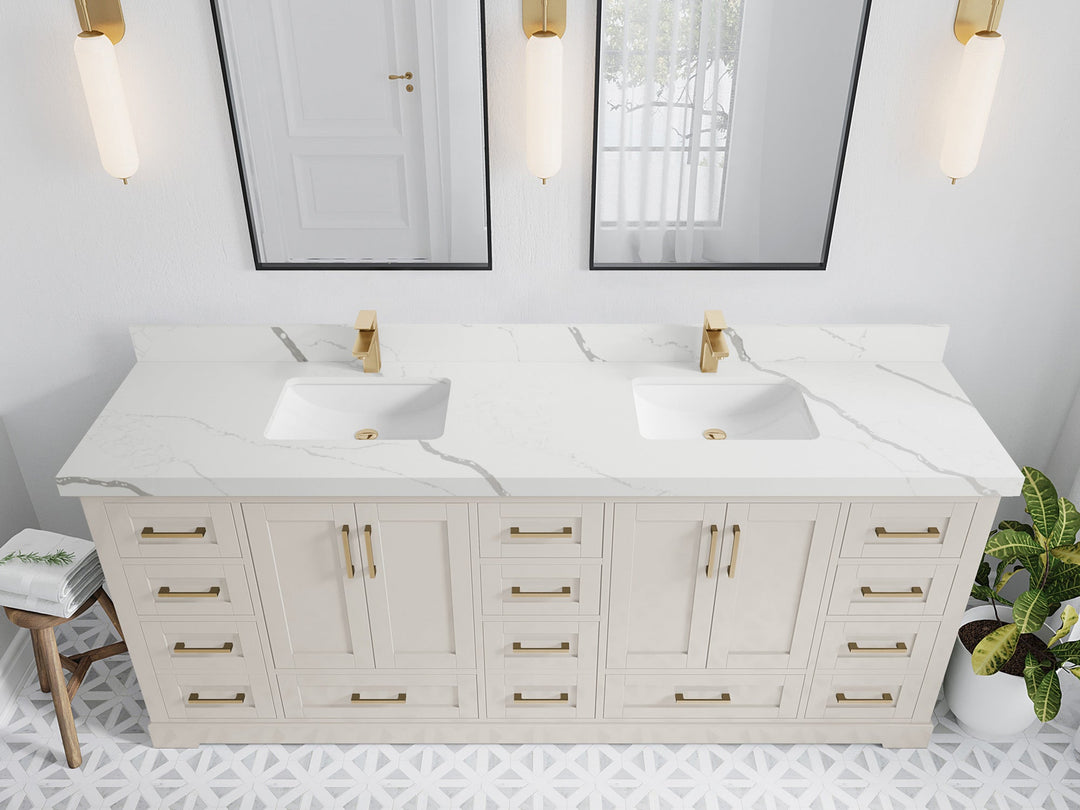 Boston 84 in. W x 22 in. D Double Sink Bathroom Vanity in Fine Grain with 2 in Calacatta Laza Quartz Countertop - Top View