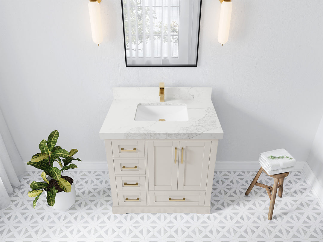 Boston 36 in. W x 22 in. D Single Sink Bathroom Vanity in Fine Grain with 2 in Calacatta Nuvo Quartz Countertop - Top View