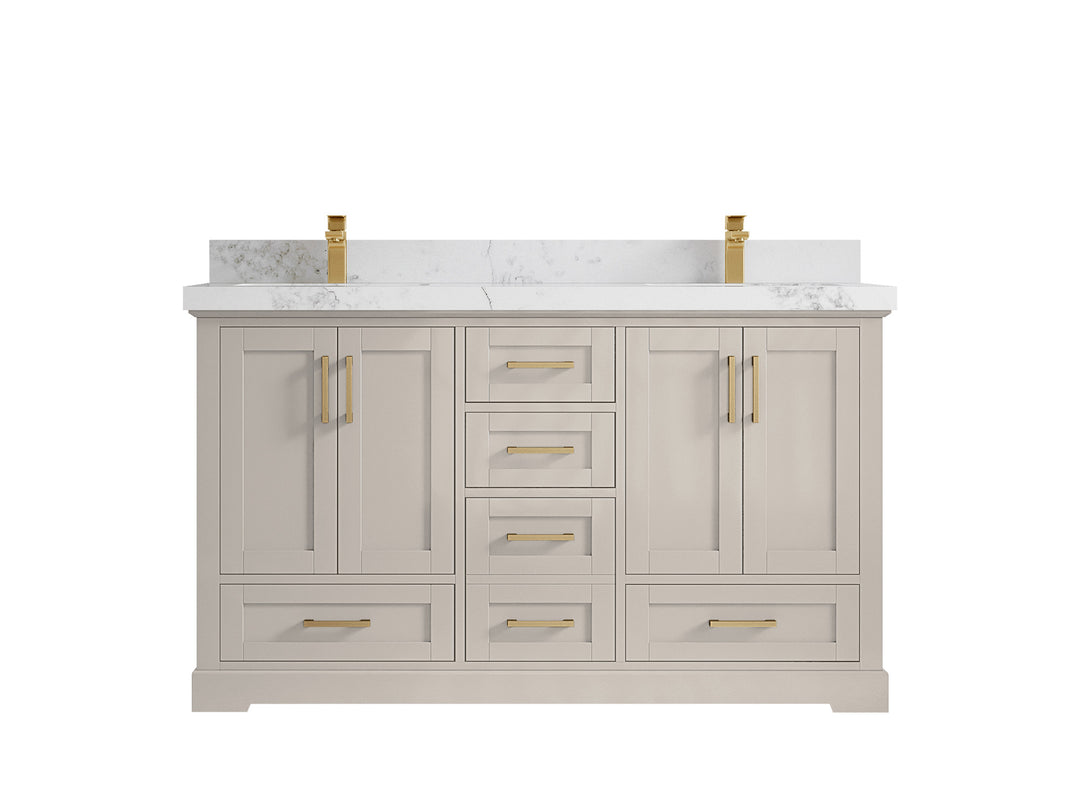 Boston 60 in. W x 22 in. D Double Sink Bathroom Vanity in Fine Grain with 2 in Calacatta Poanazzo Quartz Countertop - Top View