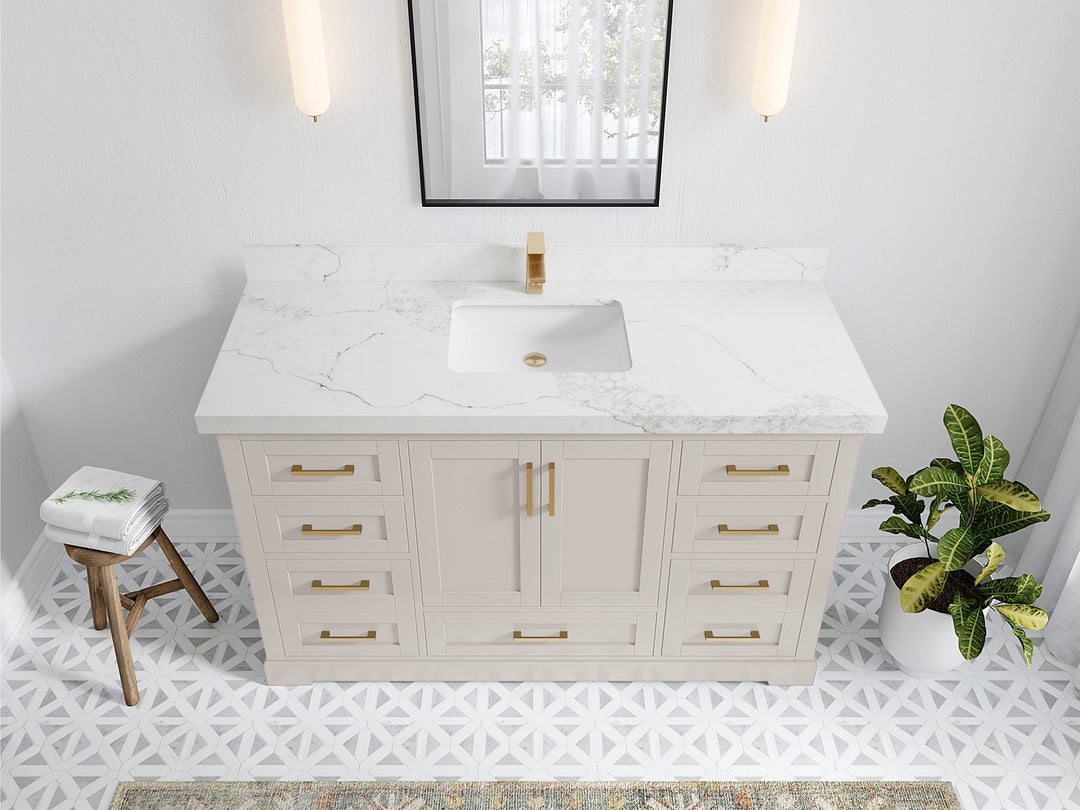 Boston 60 in. W x 22 in. D Single Sink Bathroom Vanity in Fine Grain with 2 in Calacatta Nuvo Quartz Countertop - Top View