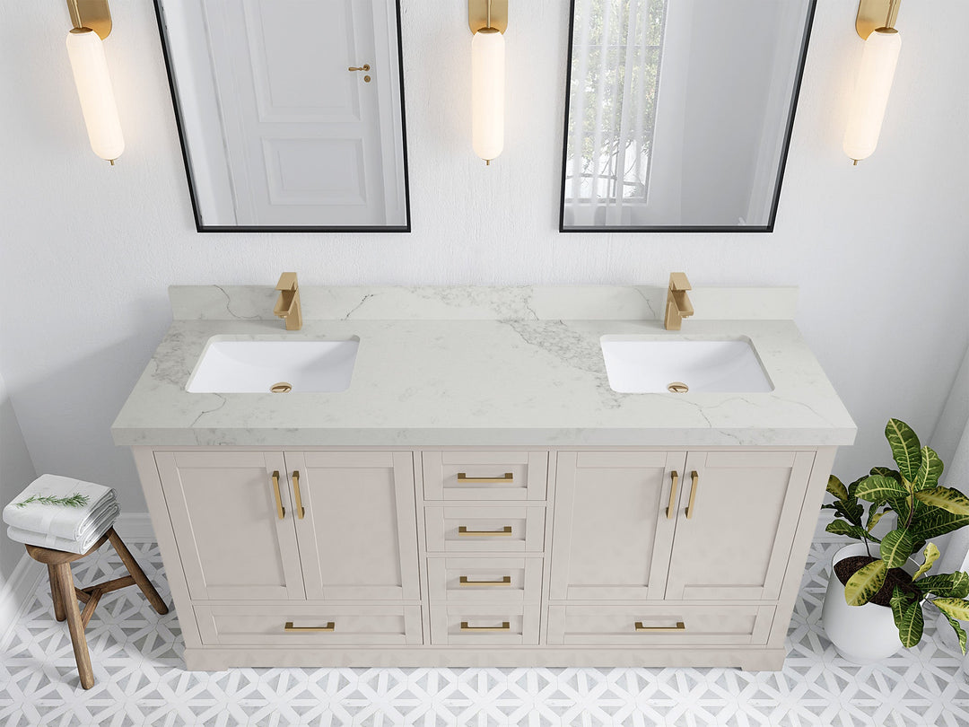 Boston 72 in. W x 22 in. D Double Sink Bathroom Vanity in Fine Grain with 2 in Calacatta Nuvo Quartz Countertop - Top View