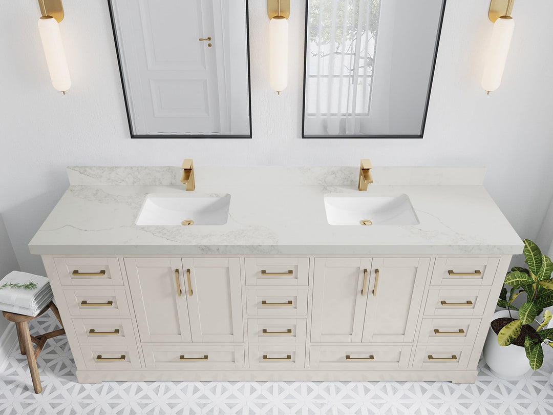 Boston 84 in. W x 22 in. D Double Sink Bathroom Vanity in Fine Grain with 2 in Calacatta Nuvo Quartz Countertop - Top View