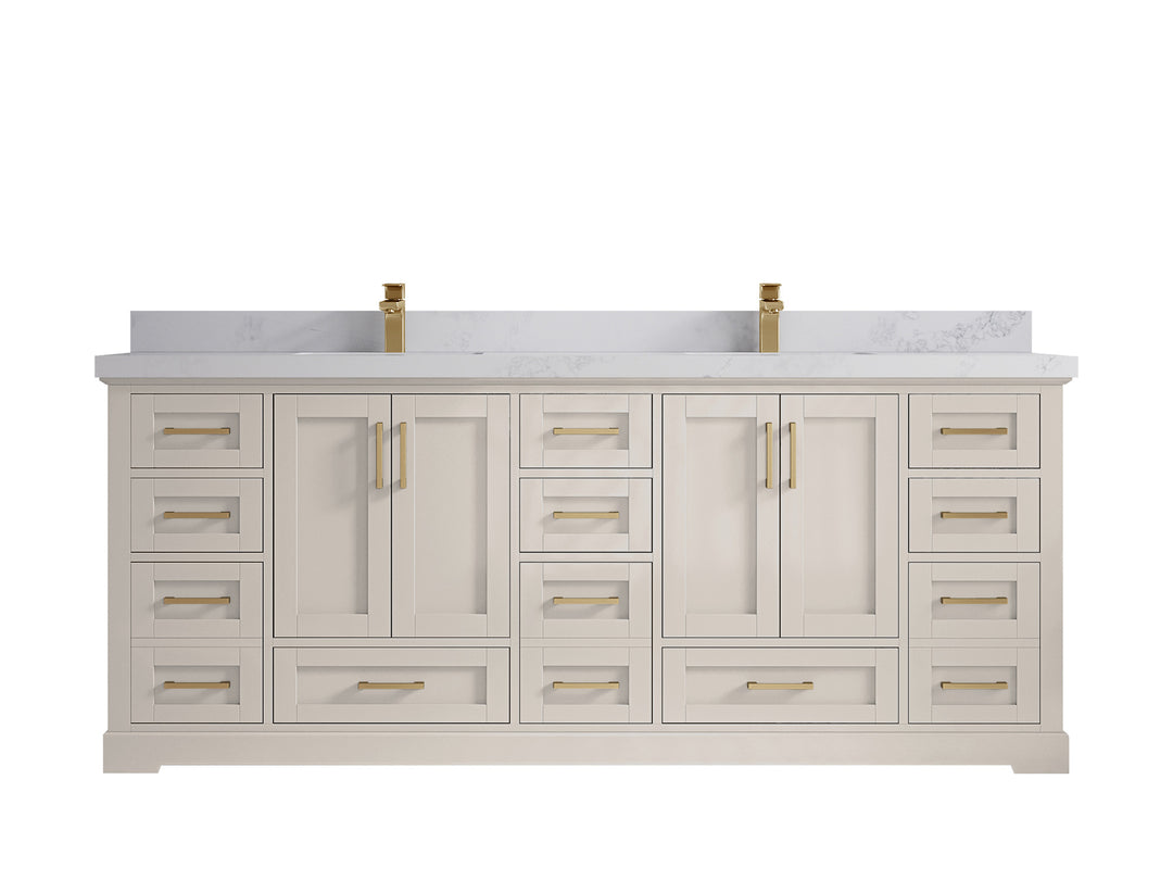 Boston 84 in. W x 22 in. D Double Sink Bathroom Vanity in Fine Grain with 2 in Calacatta Nuvo Countertop