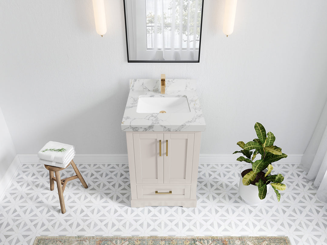 Boston 24 in. W x 22 in. D Single Sink Bathroom Vanity in Fine Grain with 2 in Calacatta Poanazzo Quartz Countertop - Top View
