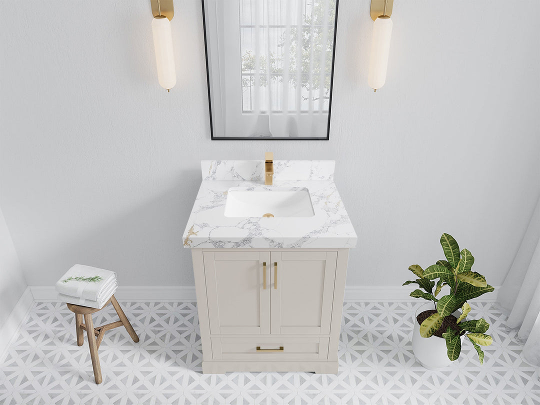 Boston 30 in. W x 22 in. D Single Sink Bathroom Vanity in Fine Grain with 2 in Calacatta Poanazzo Quartz Countertop - Top View
