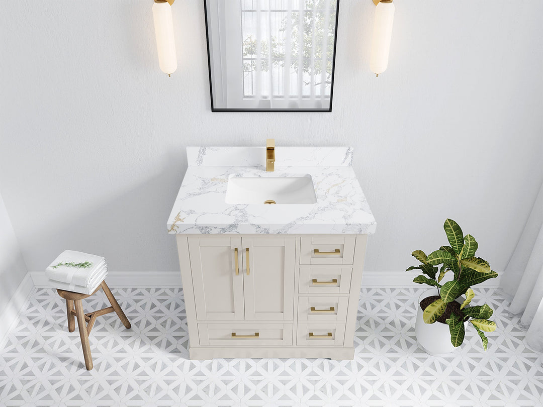 Boston 36 in. W x 22 in. D Single Sink Bathroom Vanity in Fine Grain with 2 in Calacatta Poanazzo Quartz Countertop - Top View