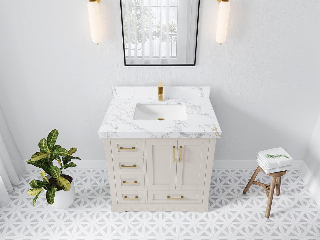 Boston 36 in. W x 22 in. D Single Sink Bathroom Vanity in Fine Grain with 2 in Calacatta Poanazzo Quartz Countertop - Top View