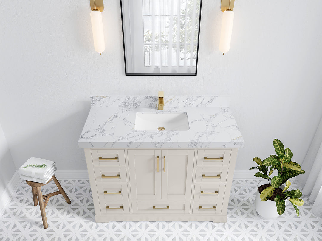 Boston 48 in. W x 22 in. D Single Sink Bathroom Vanity in Fine Grain with 2 in Calacatta Poanazzo Quartz Countertop - Top View