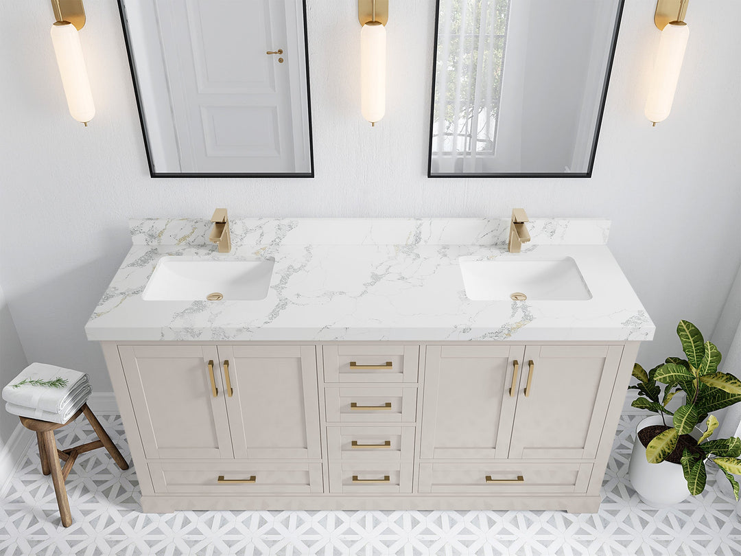 Boston 72 in. W x 22 in. D Double Sink Bathroom Vanity in Fine Grain with 2 in Calacatta Poanazzo Quartz Countertop - Top View