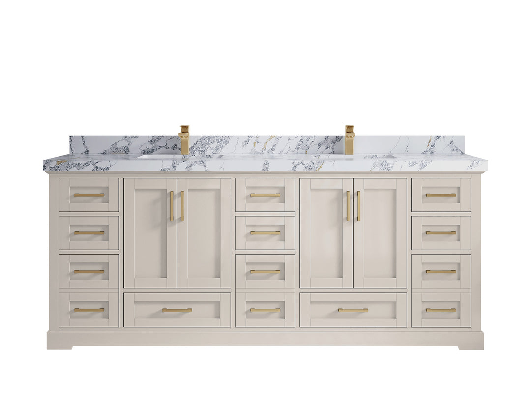 Boston 84 in. W x 22 in. D Double Sink Bathroom Vanity in Fine Grain with 2 in Calacatta Poanazzo Countertop