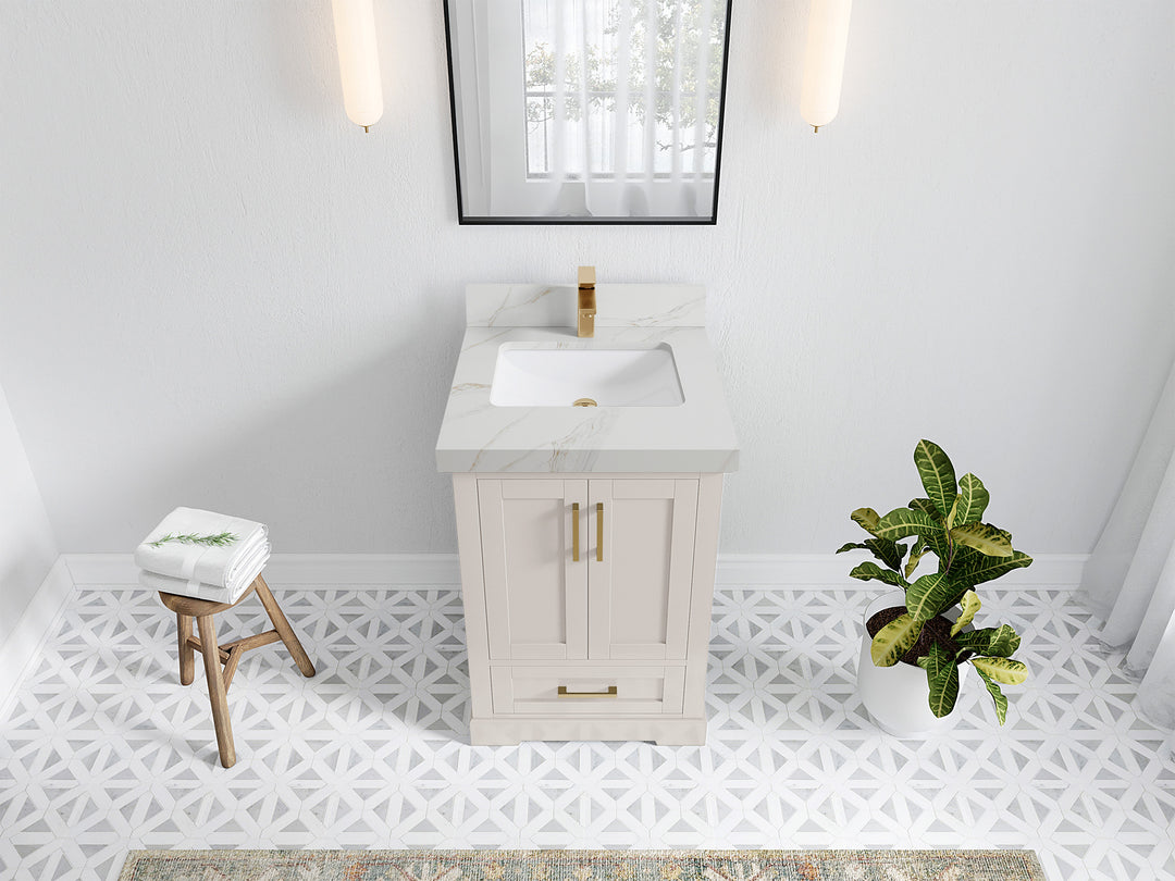 Boston 24 in. W x 22 in. D Single Sink Bathroom Vanity in Fine Grain with 2 in Calacatta Sienna Quartz Countertop - Top View