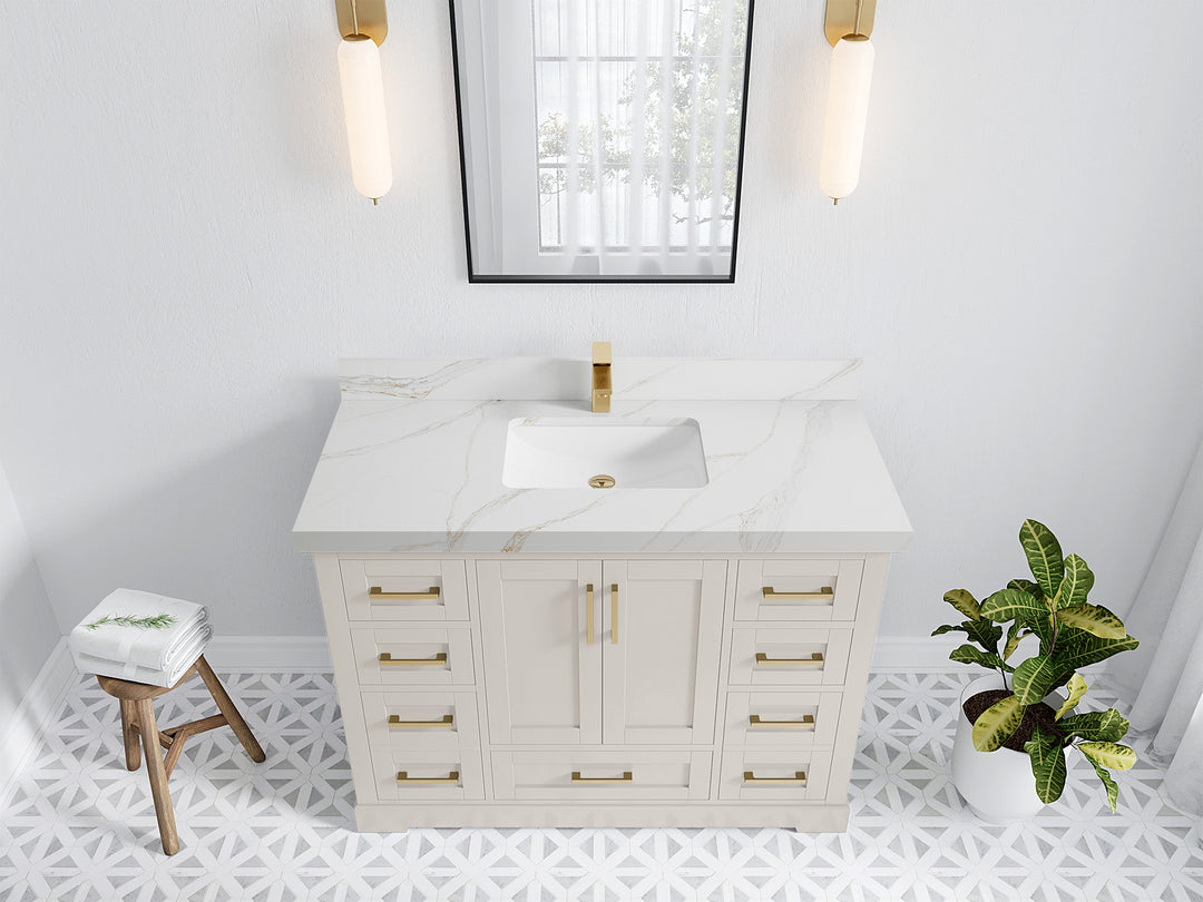 Boston 48 in. W x 22 in. D Single Sink Bathroom Vanity in Fine Grain with 2 in Calacatta Sienna Quartz Countertop - Top View