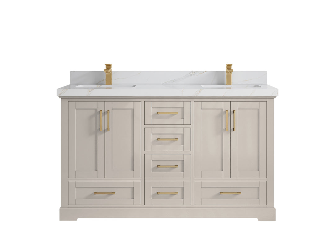 Boston 60 in. W x 22 in. D Double Sink Bathroom Vanity in Fine Grain with 2 in Empira White Quartz Countertop - Top View
