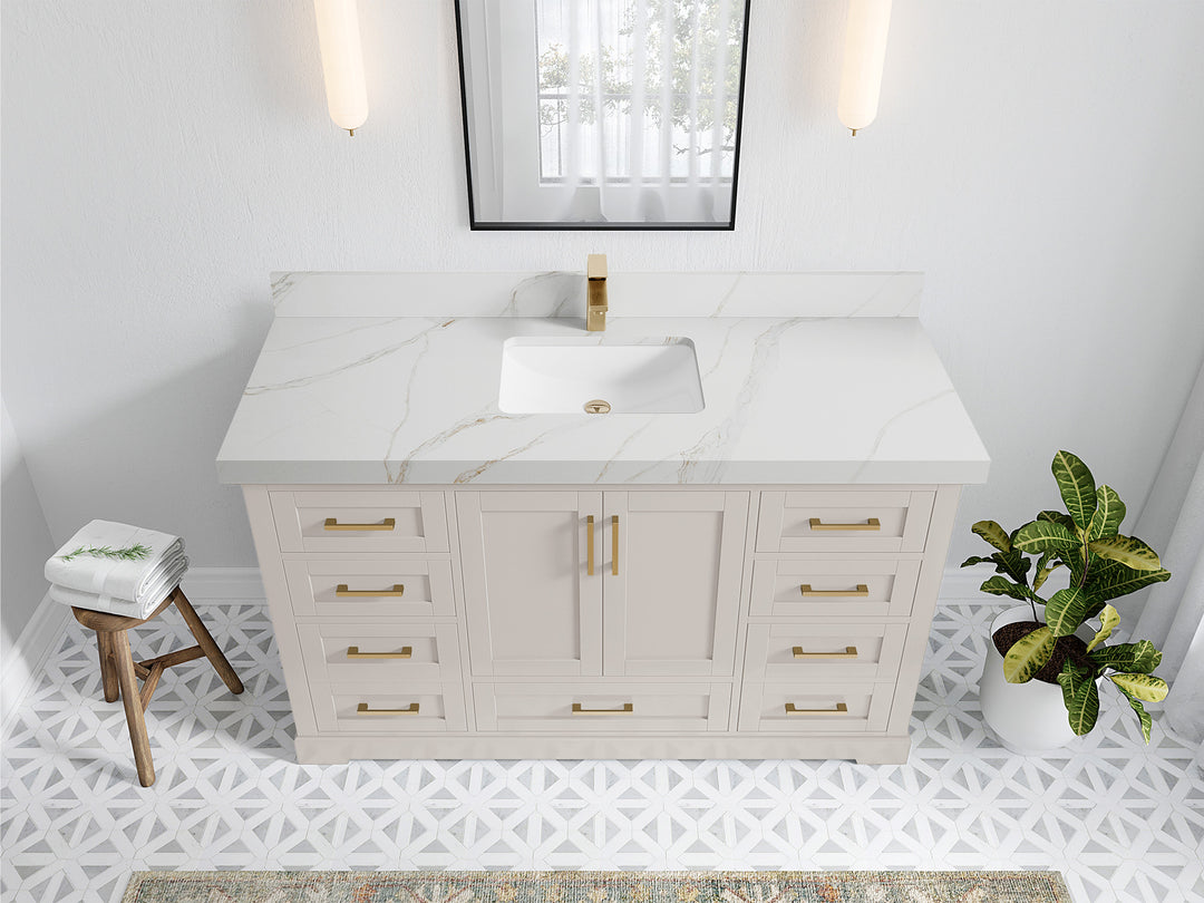 Boston 60 in. W x 22 in. D Single Sink Bathroom Vanity in Fine Grain with 2 in Calacatta Sienna Quartz Countertop - Top View