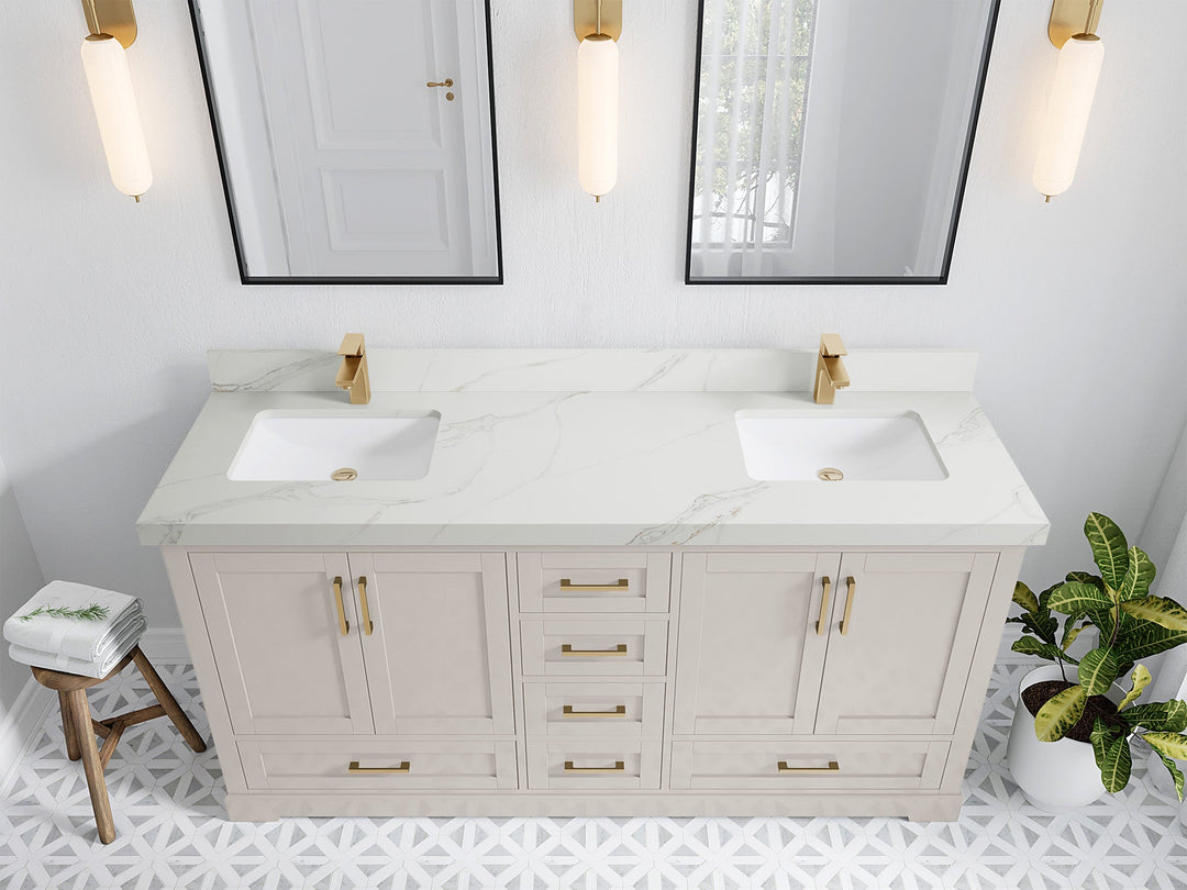 Boston 72 in. W x 22 in. D Double Sink Bathroom Vanity in Fine Grain with 2 in Calacatta Sienna Quartz Countertop - Top View