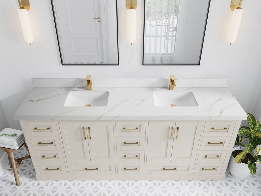 Boston 84 in. W x 22 in. D Double Sink Bathroom Vanity in Fine Grain with 2 in Calacatta Sienna Quartz Countertop - Top View