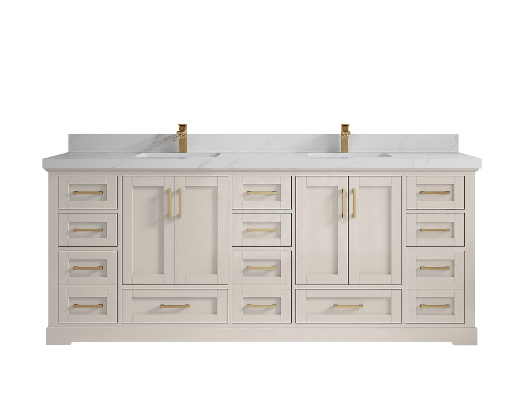 Boston 84 in. W x 22 in. D Double Sink Bathroom Vanity in Fine Grain with 2 in Calacatta Sienna Countertop