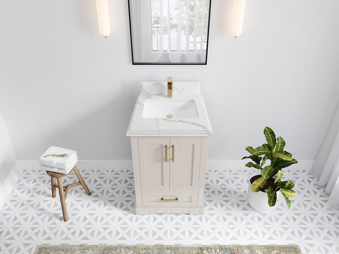 Boston 24 in. W x 22 in. D Single Sink Bathroom Vanity in Fine Grain with 1.5 in Double Cove Edge Calacatta Laza Quartz Countertop - Top View