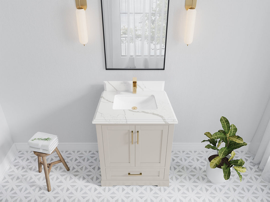 Boston 30 in. W x 22 in. D Single Sink Bathroom Vanity in Fine Grain with 1.5 in Double Cove Edge Calacatta Laza Quartz Countertop - Top View