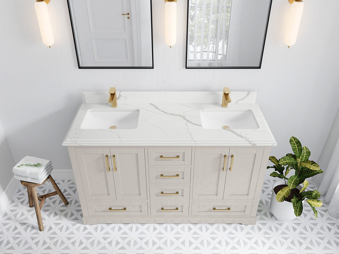 Boston 60 in. W x 22 in. D Double Sink Bathroom Vanity in Fine Grain with 1.5 in Double Cove Edge Calacatta Laza Quartz Countertop - Top View