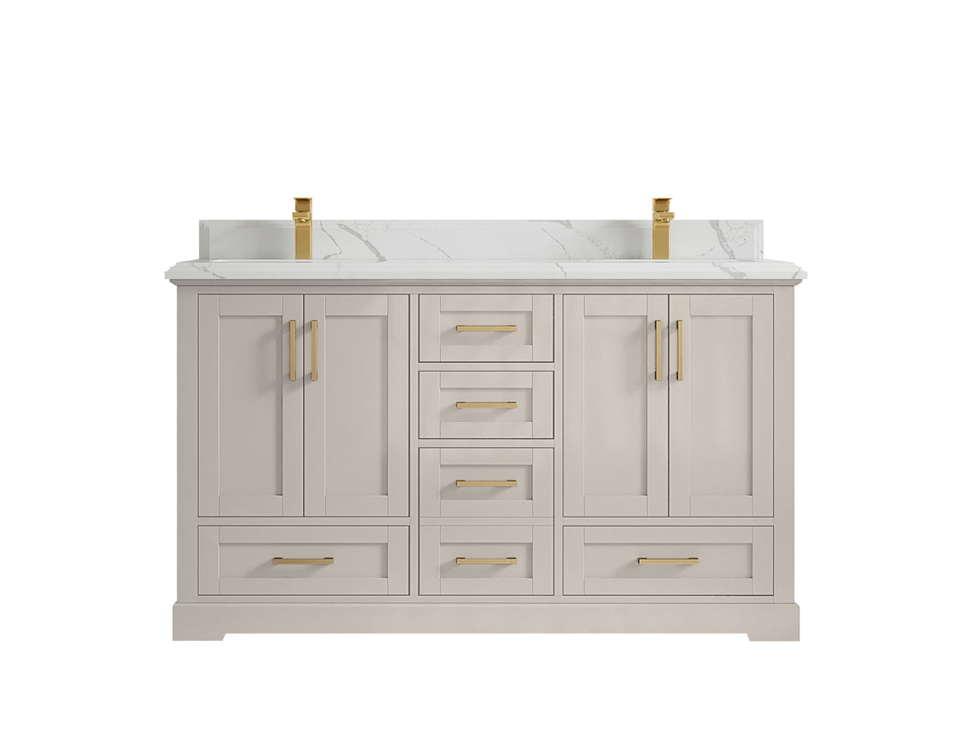 Boston 60 in. W x 22 in. D Double Sink Bathroom Vanity in Fine Grain with 1.5 in Double Cove Edge Calacatta Laza Countertop