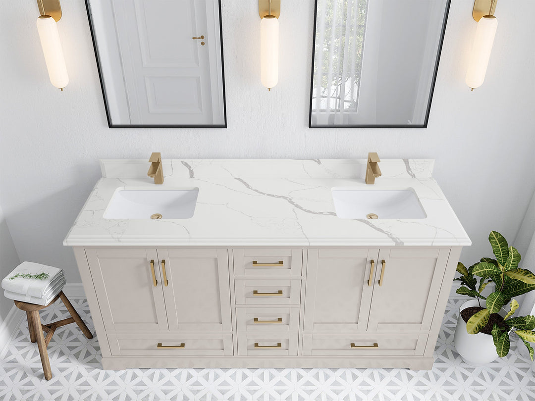 Boston 72 in. W x 22 in. D Double Sink Bathroom Vanity in Fine Grain with 1.5 in Double Cove Edge Calacatta Laza Quartz Countertop - Top View
