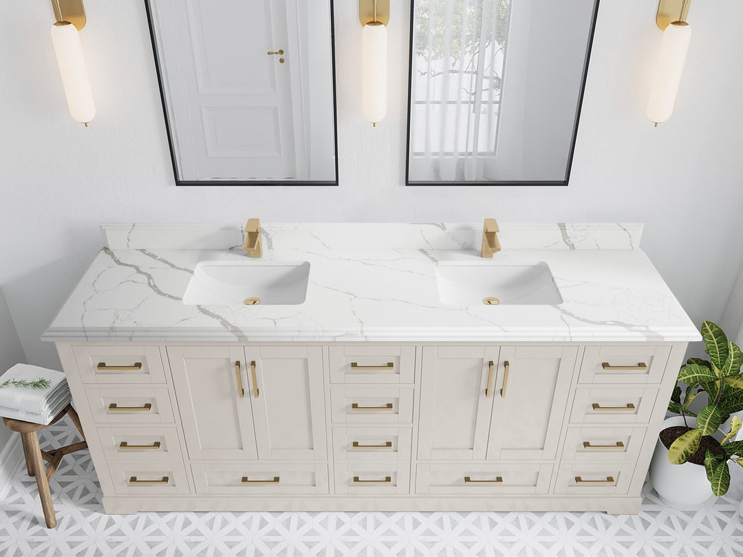 Boston 84 in. W x 22 in. D Double Sink Bathroom Vanity in Fine Grain with 1.5 in Double Cove Edge Calacatta Laza Quartz Countertop - Top View