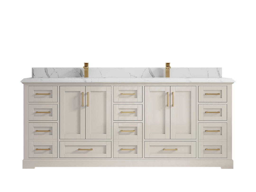 Boston 84 in. W x 22 in. D Double Sink Bathroom Vanity in Fine Grain with 1.5 in Double Cove Edge Calacatta Laza Countertop