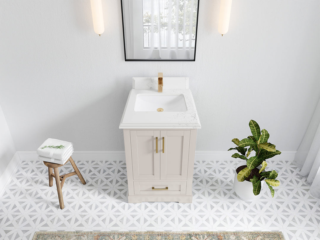 Boston 24 in. W x 22 in. D Single Sink Bathroom Vanity in Fine Grain with 1.5 in Double Cove Edge Empira White Quartz Countertop - Top View