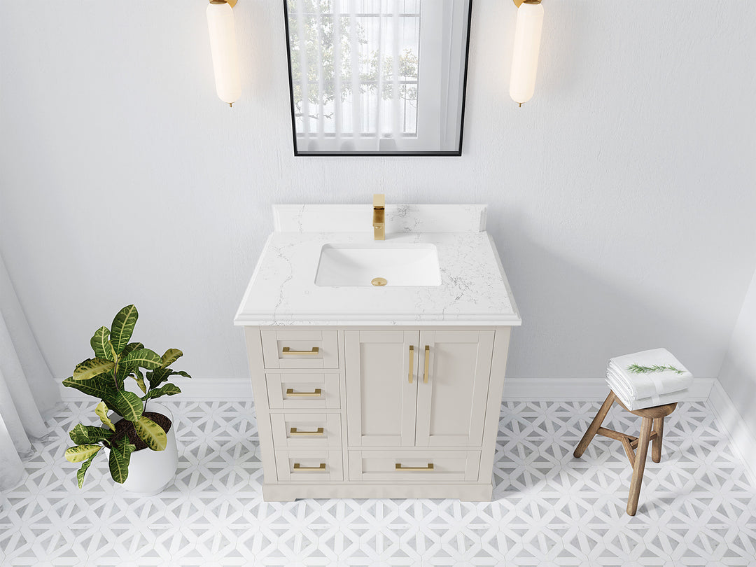 Boston 36 in. W x 22 in. D Single Sink Bathroom Vanity in Fine Grain with 1.5 in Double Cove Edge Empira White Quartz Countertop - Top View